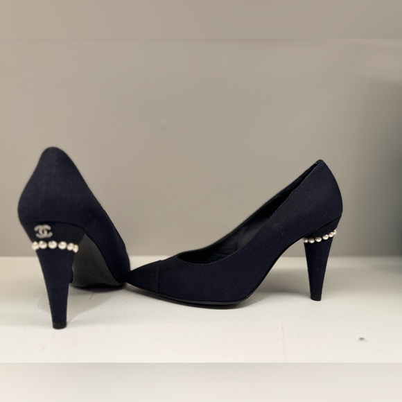 Chanel Navy Blue Canvas Embellished Pointed Toe Pumps - Picture 1 of 6